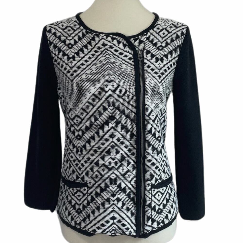 Lucky Brand Womens L Aztec Moto Sweater | Black & White Zip Knit Cardigan Jacket